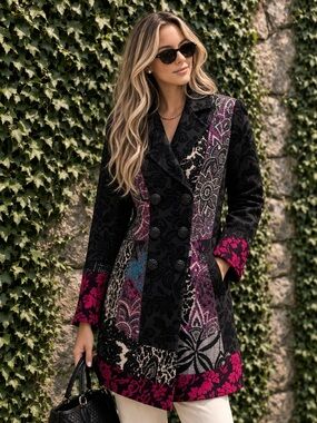 ANANY Artisan Multicolor Patchwork Double Breasted Boho Quilted Jacket, S